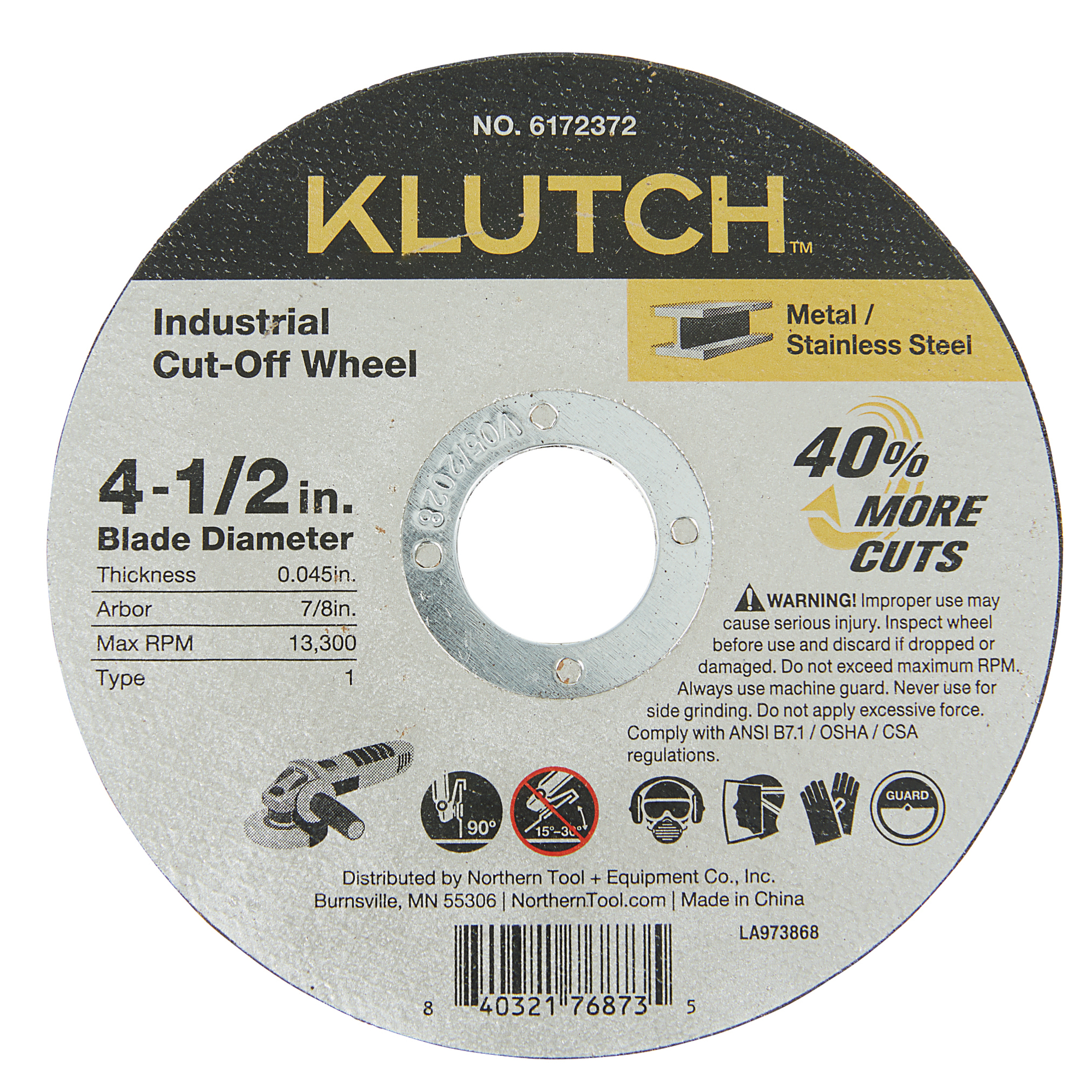 Klutch Industrial RCB Metal Cutoff Wheel, 4-1/2in. x 0.045in. x 7/8in., Type 1